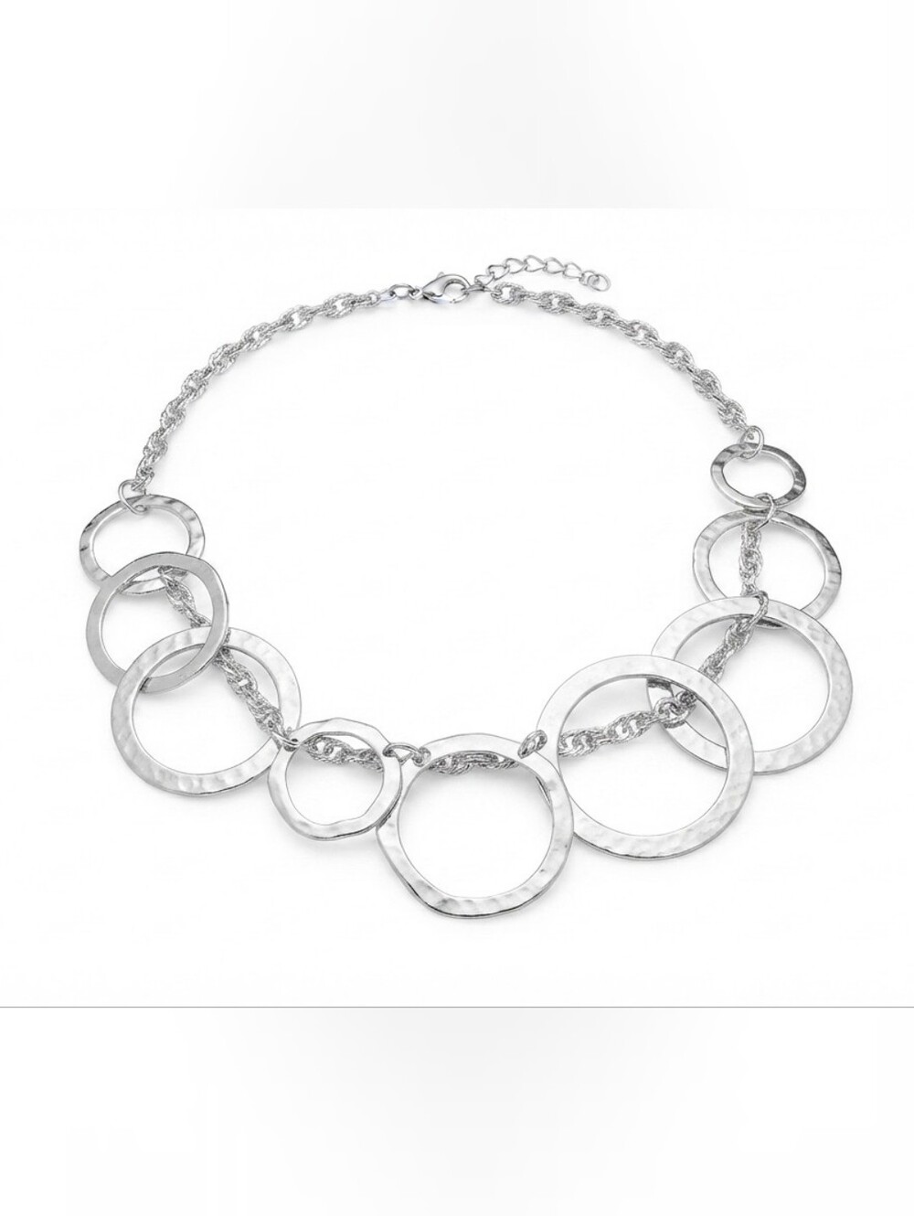 Silver Tone Textured Multi-Circle Link Statement Necklace Hammered Finish